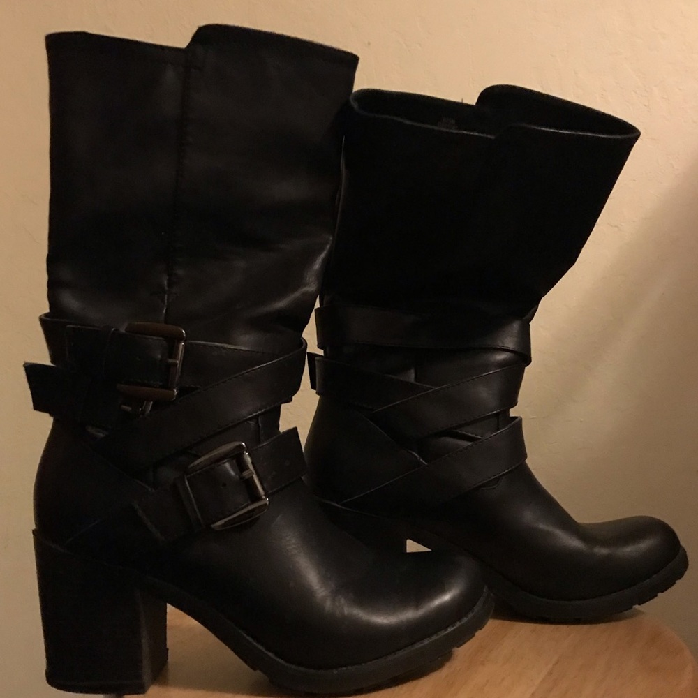Black Leather Heel Boots
